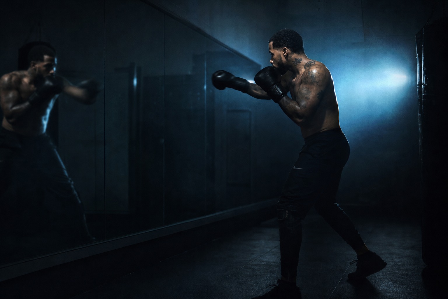 Dem Diesel shadowboxing in a dark gym
