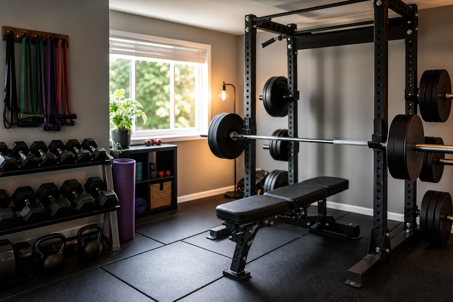A compact home gym setup with rack, dumbbells, and training mat